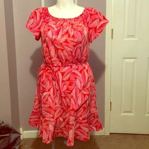 Off the shoulder red palm print midi dress